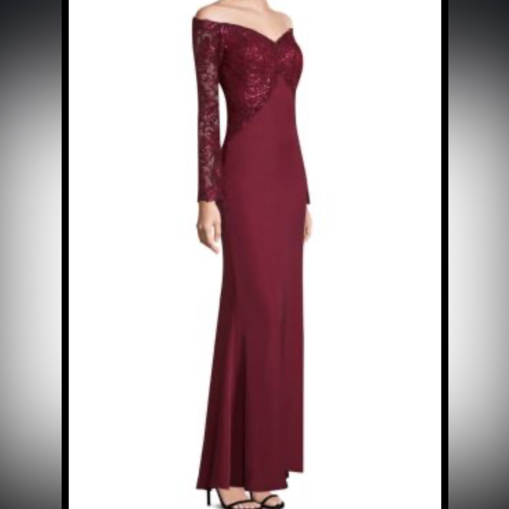 NWT Tadashi Shoji Burgundy Off Shoulder Long Sleeve Gown